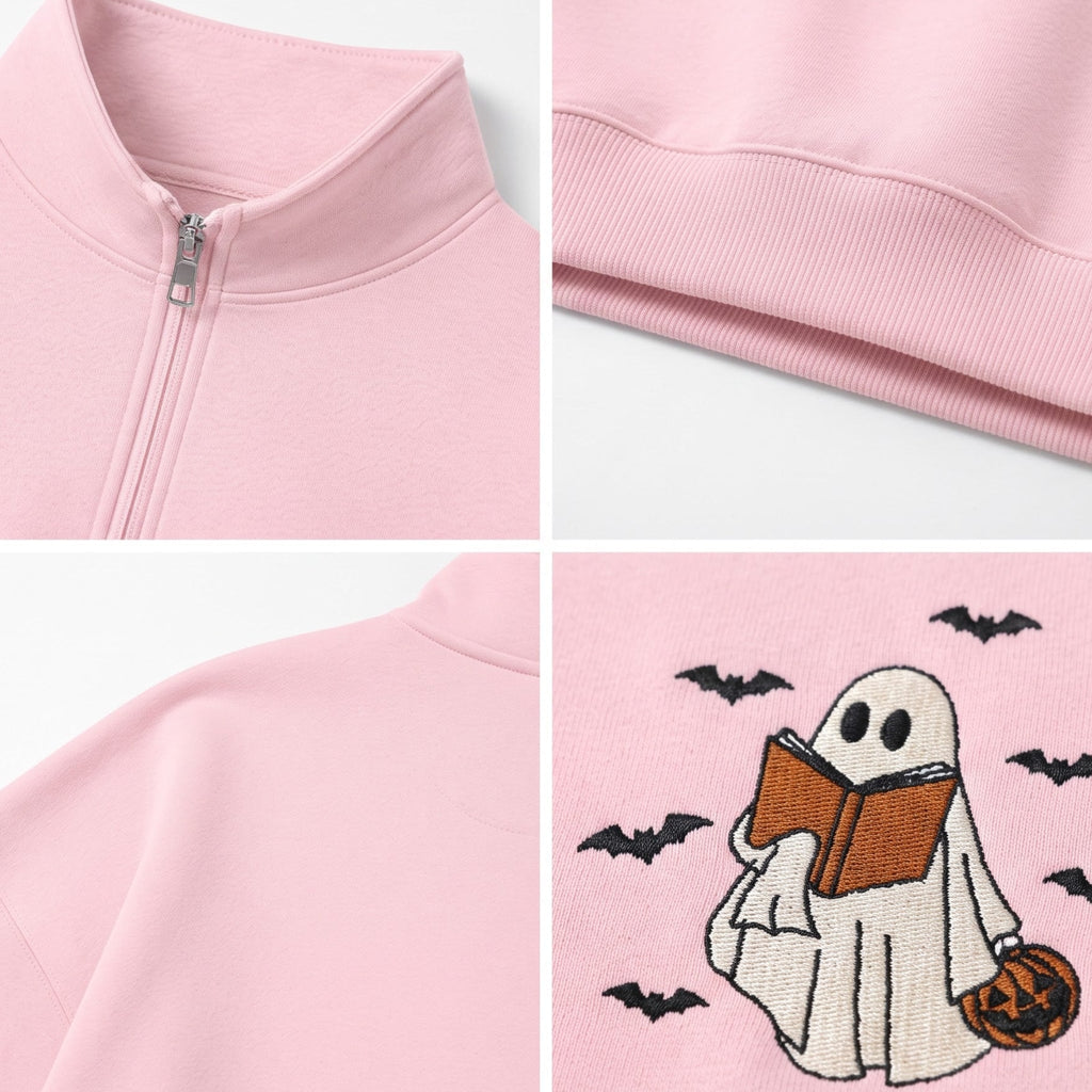 Chaotic Club Embroided Reading Ghost Pumpkin Pastel Pink Quarter Zip Sweatshirt