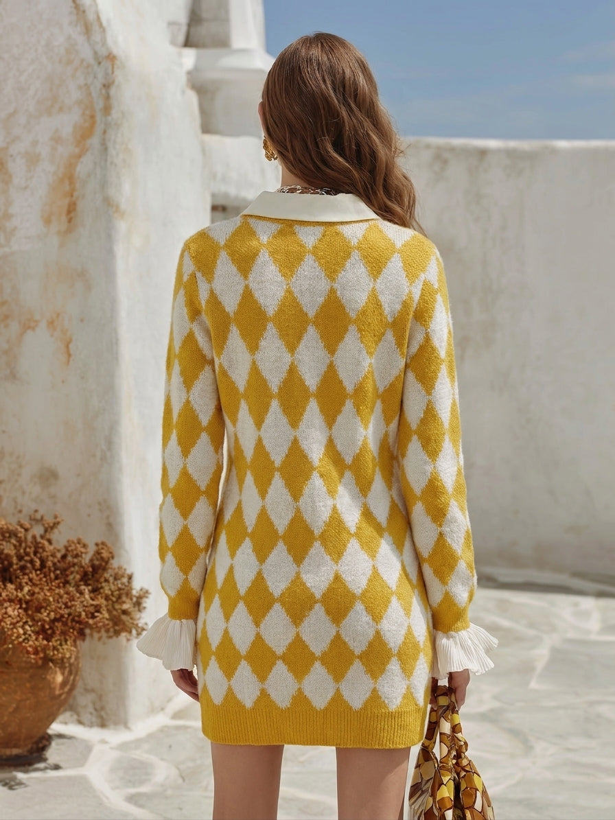Old Money Preppy Vibe Mustard Yellow White Argyle Faux Two Piece Knit Mini Dress