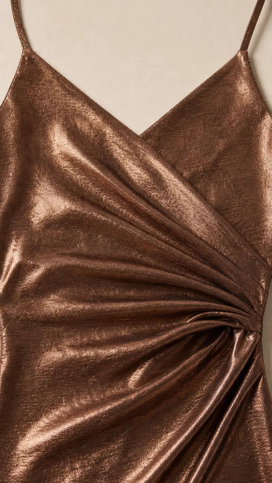 Metallic Ruched Crossover Maxi Slip Dress
