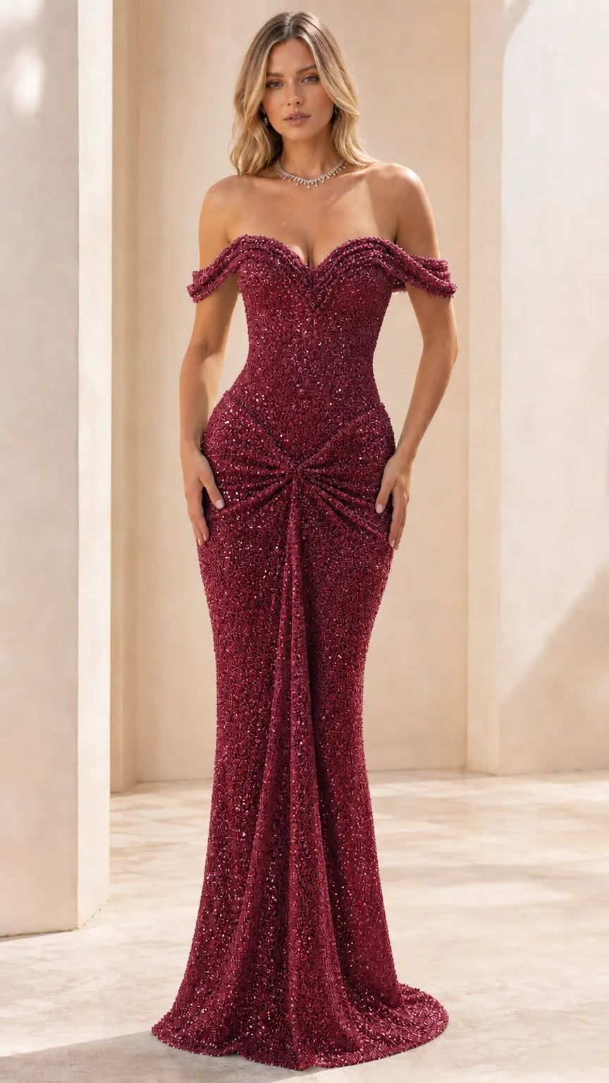 Off-the-Shoulder Sweetheart Ruched Sequin Evening Gown
