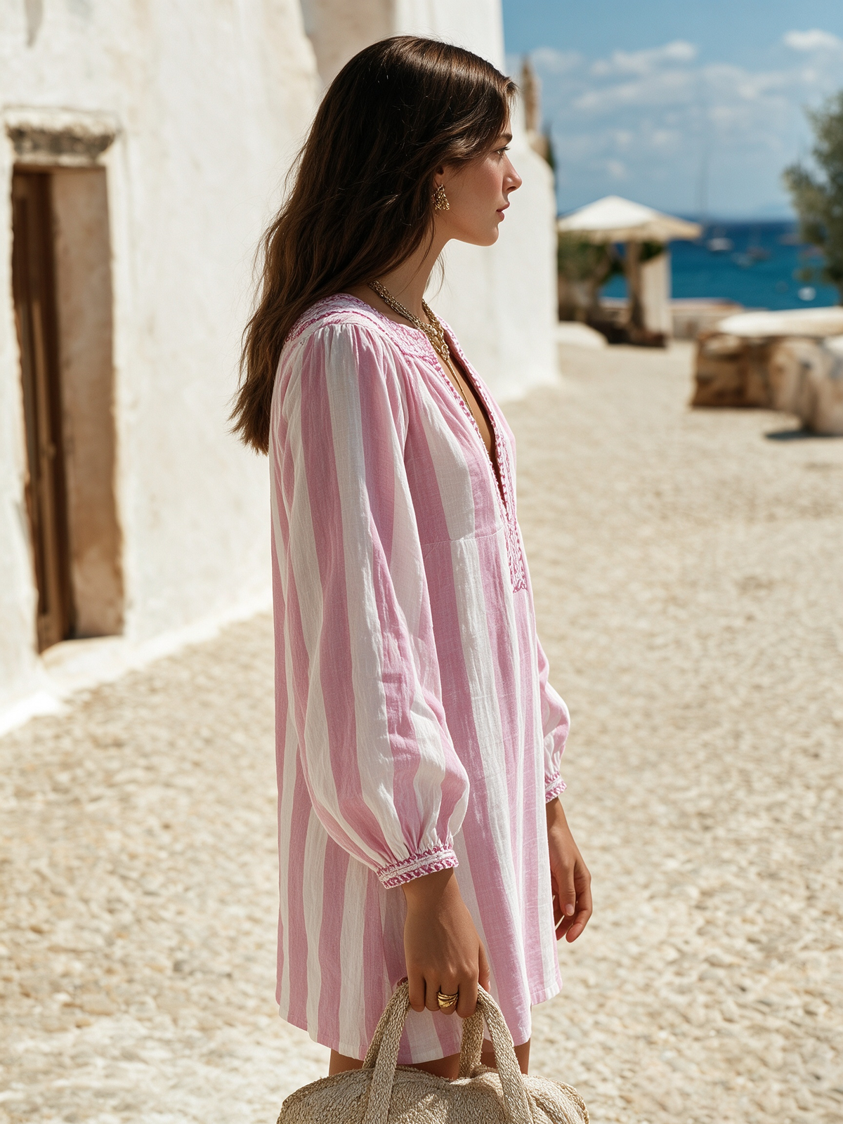 Vacation-style Striped V-neck And Long Sleeves Mini Dress