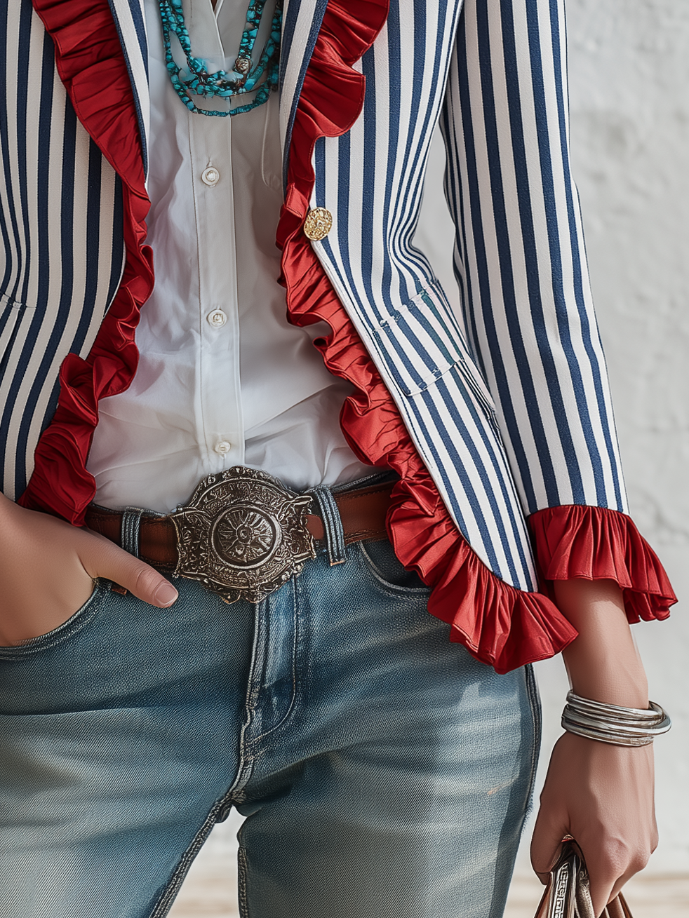 Retro Classic Striped Color-blocked Ruffled Blazer