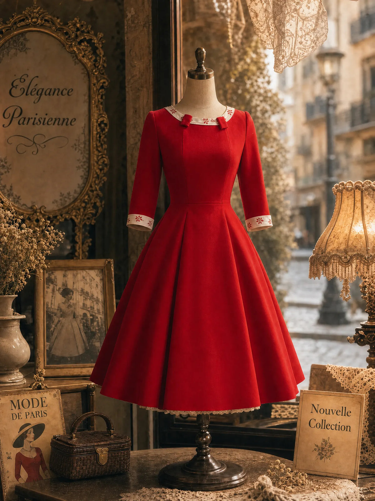 1950s Retro Red 3/4 Sleeve Fit-and-Flare Midi Dress