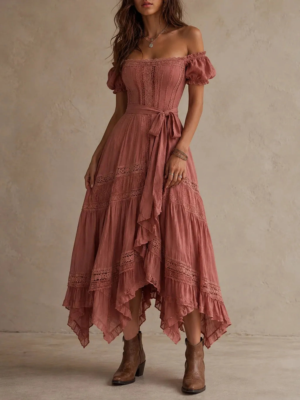 Dusty Rose Off-Shoulder Lace Midi Dress
