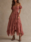 Dusty Rose Off-Shoulder Lace Midi Dress