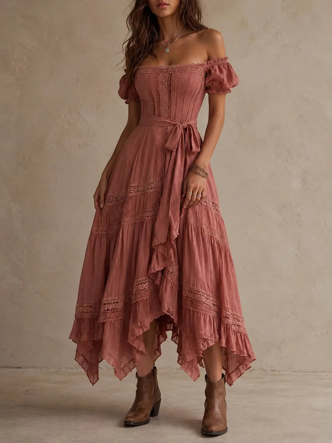 Dusty Rose Off-Shoulder Lace Midi Dress