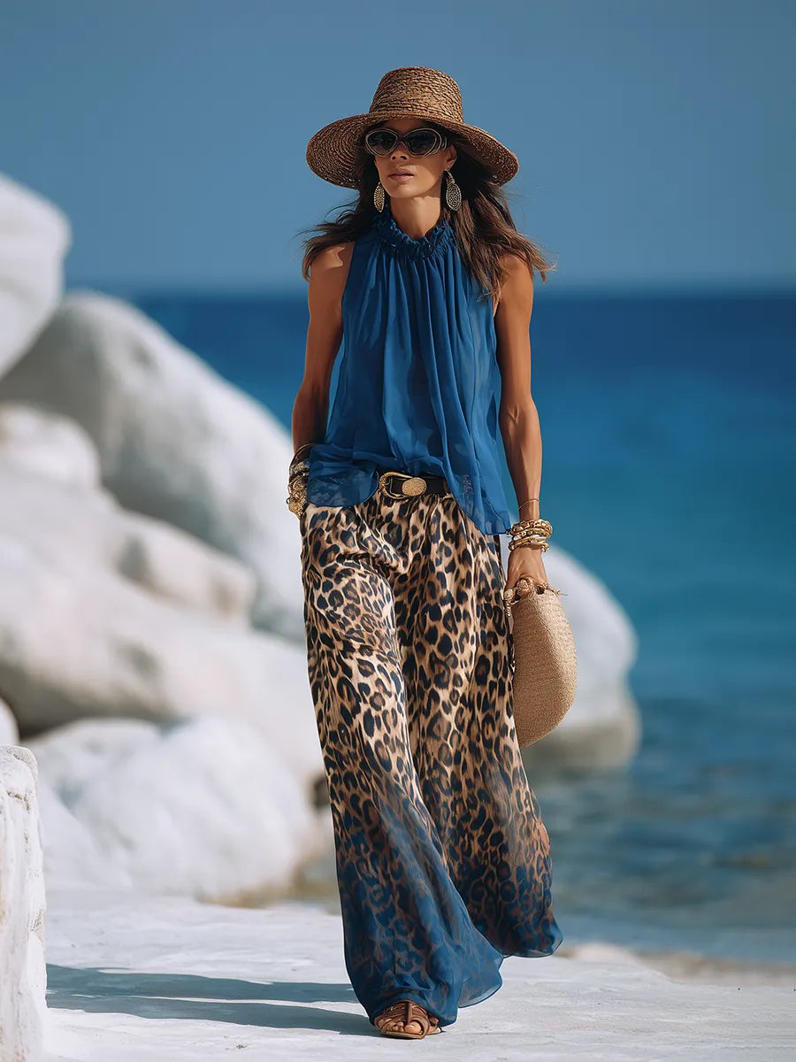Trendy Vacation Blue Chiffon Sleeveless Top