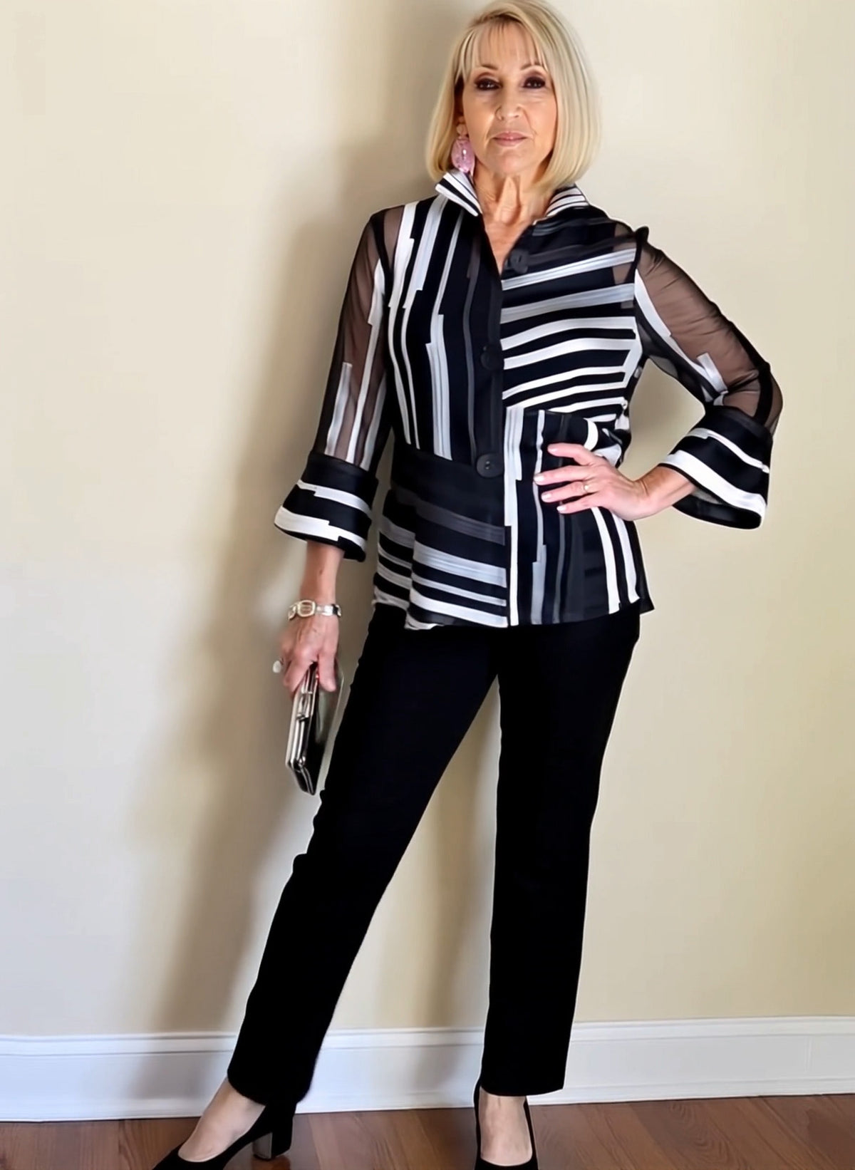 2Pcs Chiffon Stripes Shirt and Pants Set