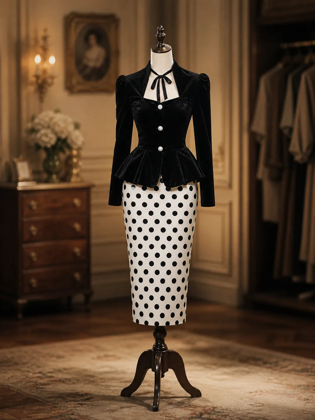 Vintage Black Velvet Puff Sleeve Peplum Top & Polka Dot Pencil Skirt Two-Piece Set