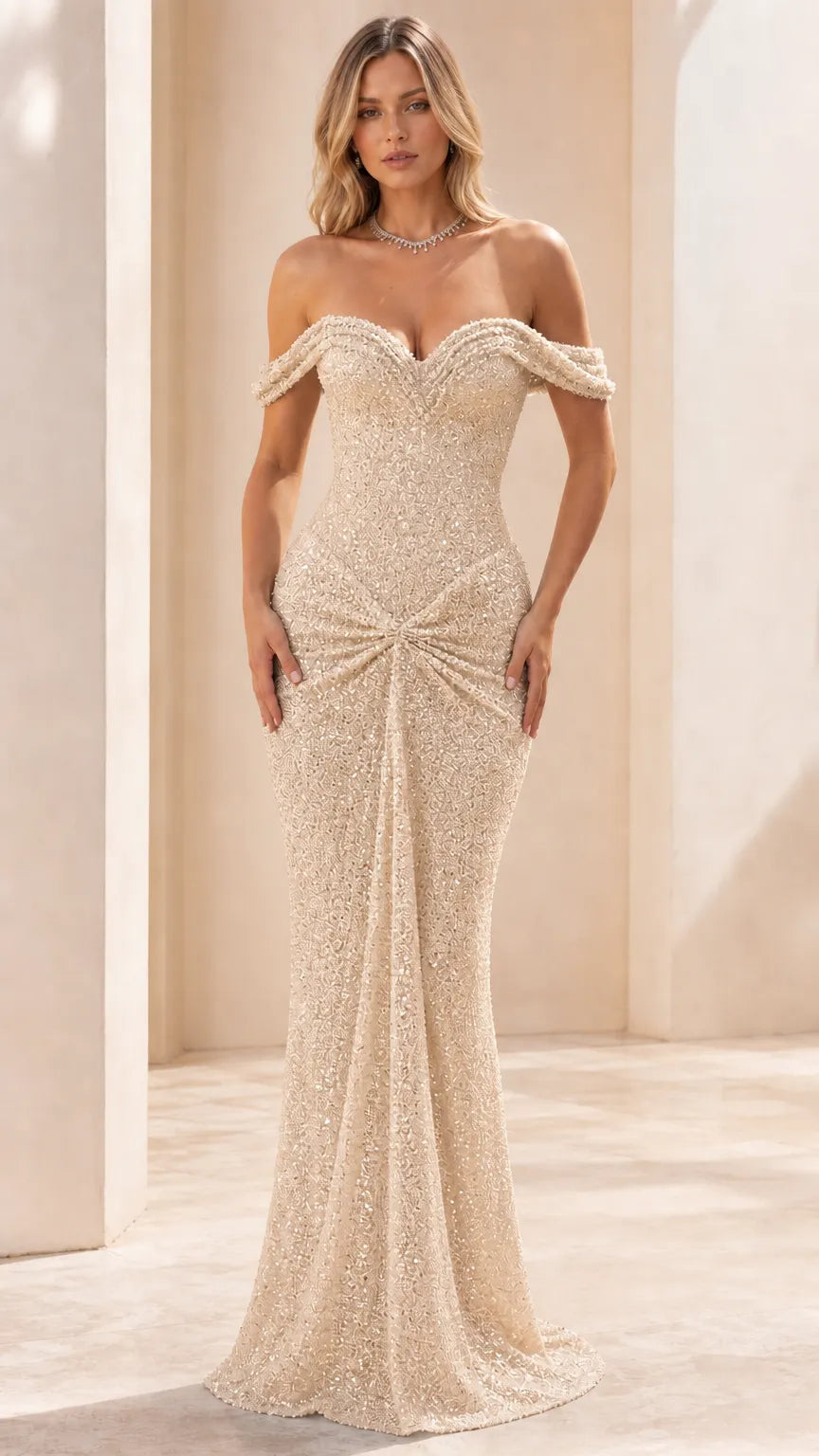 Off-the-Shoulder Sweetheart Ruched Sequin Evening Gown