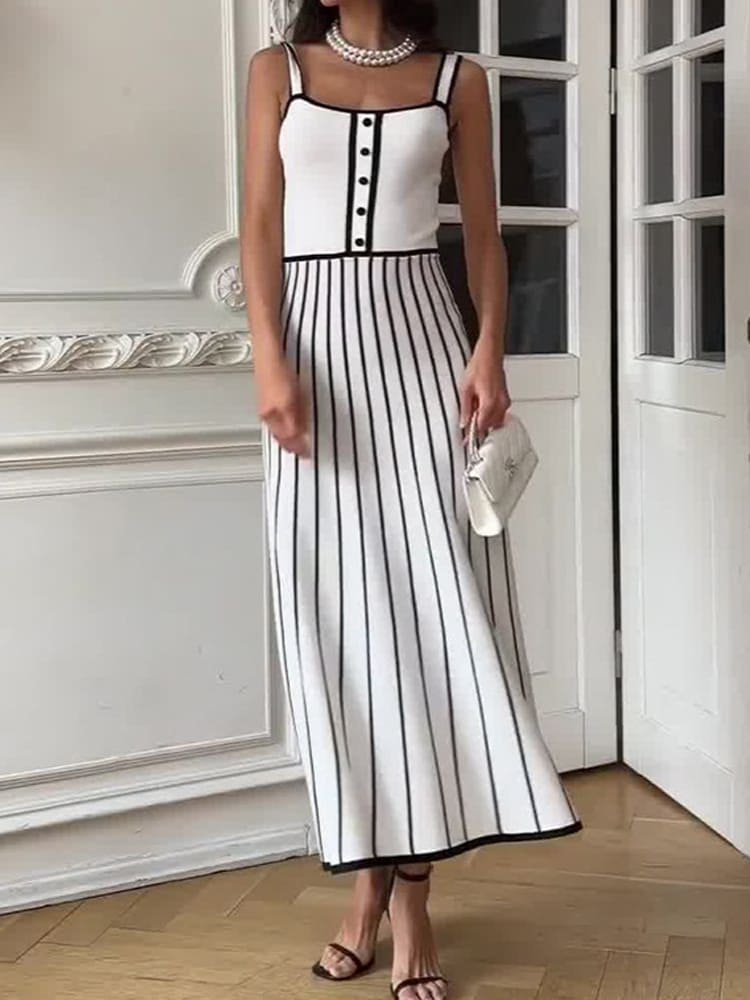 Striped Colorblock Knit Spaghetti Strap Midi Dress
