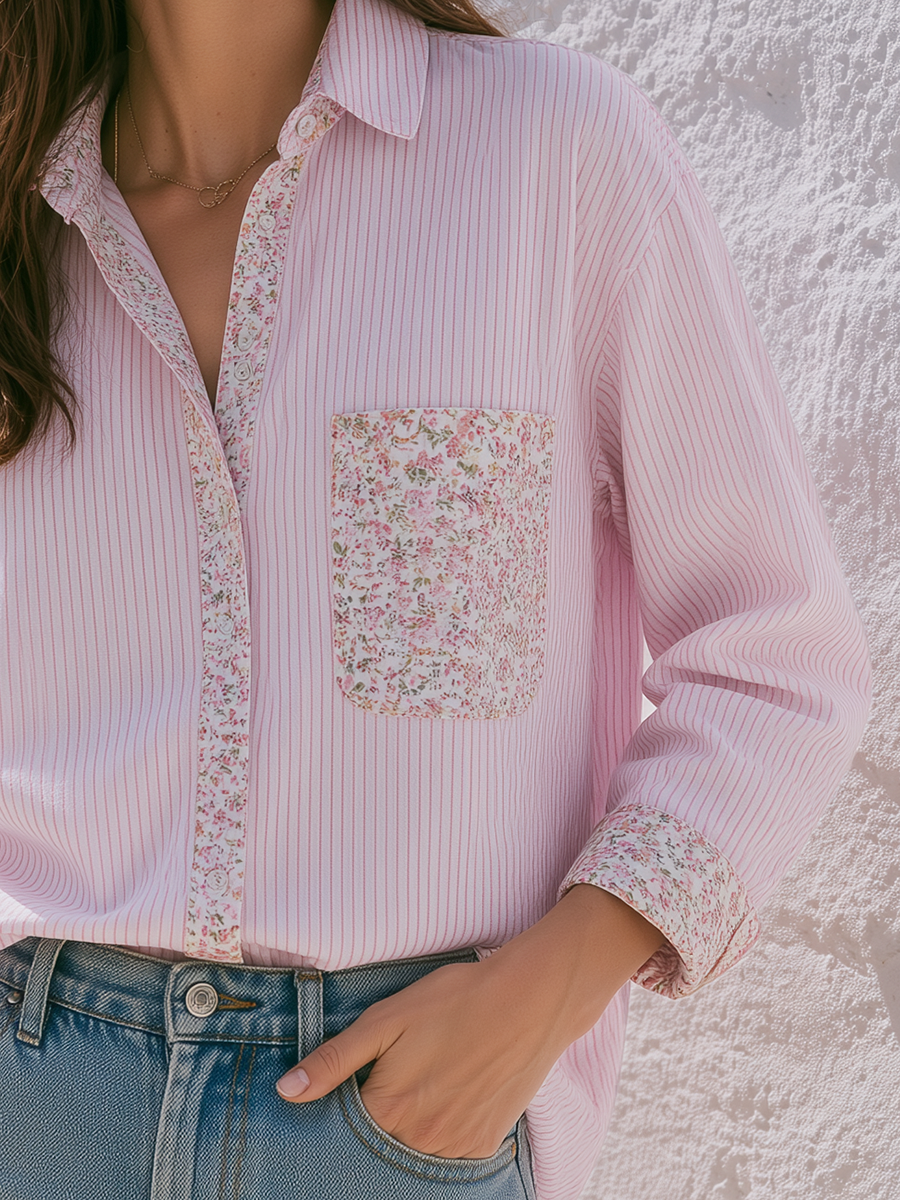 Pink Vertical Stripe Ditsy Floral Patchwork Chest Pocket Contrast Placket Button Down Long Sleeve Shirt