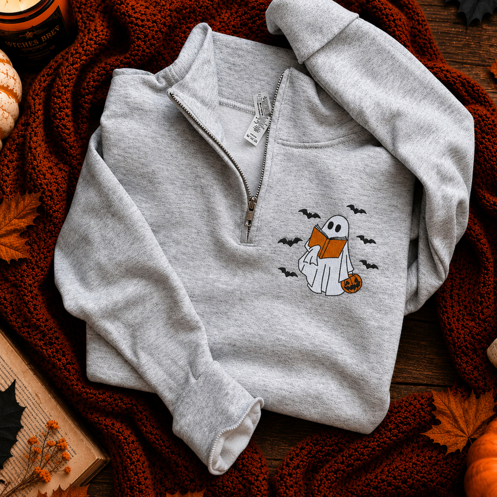 Chaotic Club Embroided Reading Ghost Pumpkin Pastel Pink Quarter Zip Sweatshirt