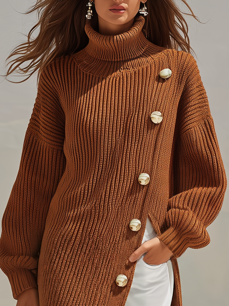 Casual Relaxed Solid Color Turtleneck Slit Long Sweater