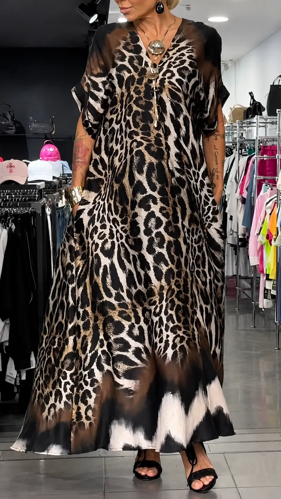 Leopard Print V‐Neck Chiffon Kaftan Dress