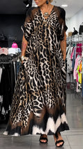 Leopard Print V‐Neck Chiffon Kaftan Dress
