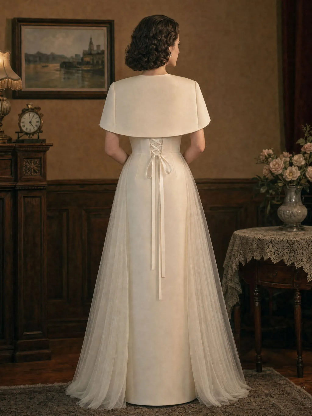 Vintage Two-Piece Set, Cape & Mesh Panel Strapless Dress