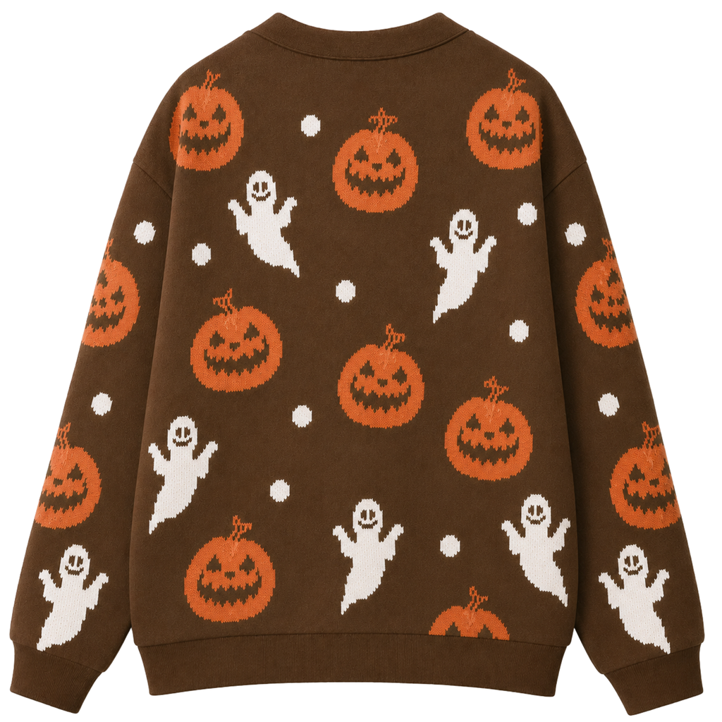 Chaotic Club Personalized Brown All-Over Ghost Pumpkin Cardigan