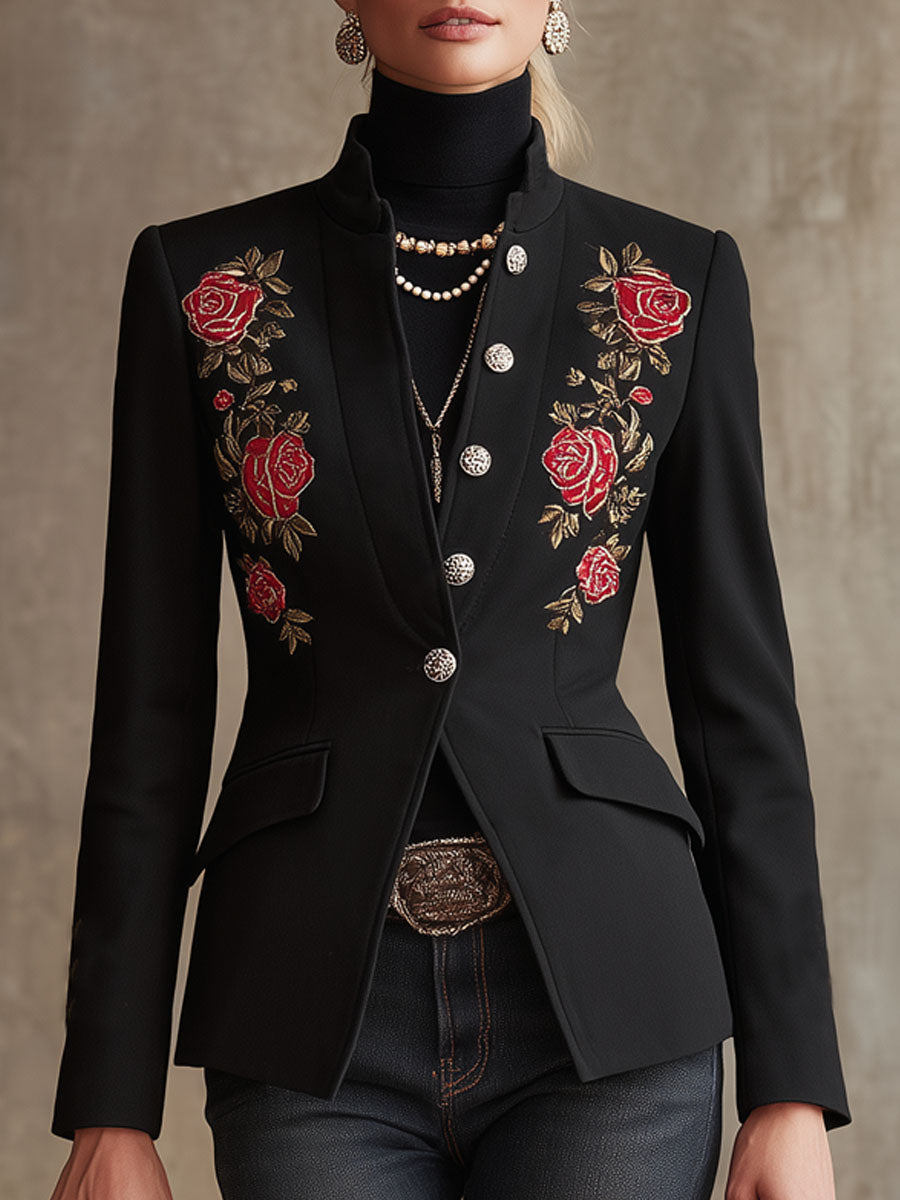 Stand Collar Single-breasted Rose Embroidered Woolen Blazer