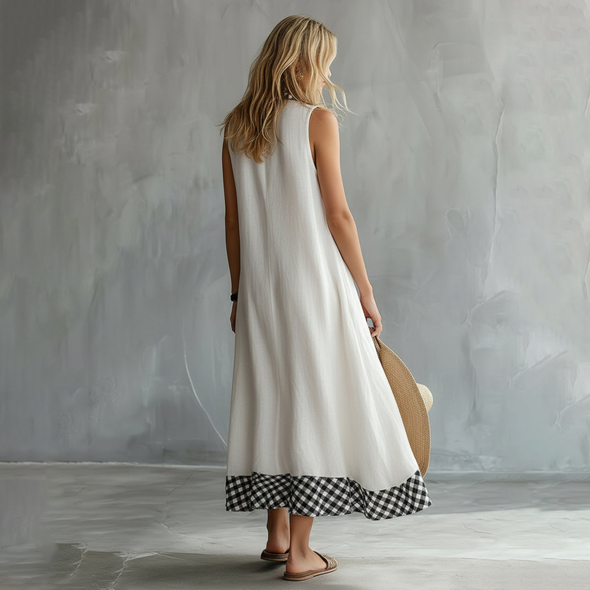Spring Outfits Fashionable Resort-style Patterned Trim White Cotton-linen Blend Lapel-neck Sleeveless Maxi Dress