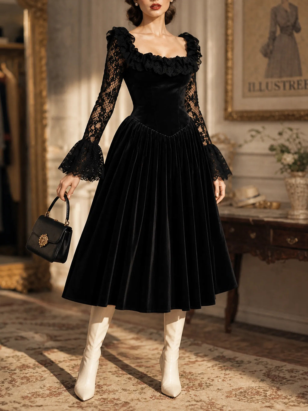 Vintage Black Velvet Lace Long‑Sleeve Ruffled Neck Midi Dress