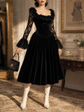 Vintage Black Velvet Lace Long‑Sleeve Ruffled Neck Midi Dress