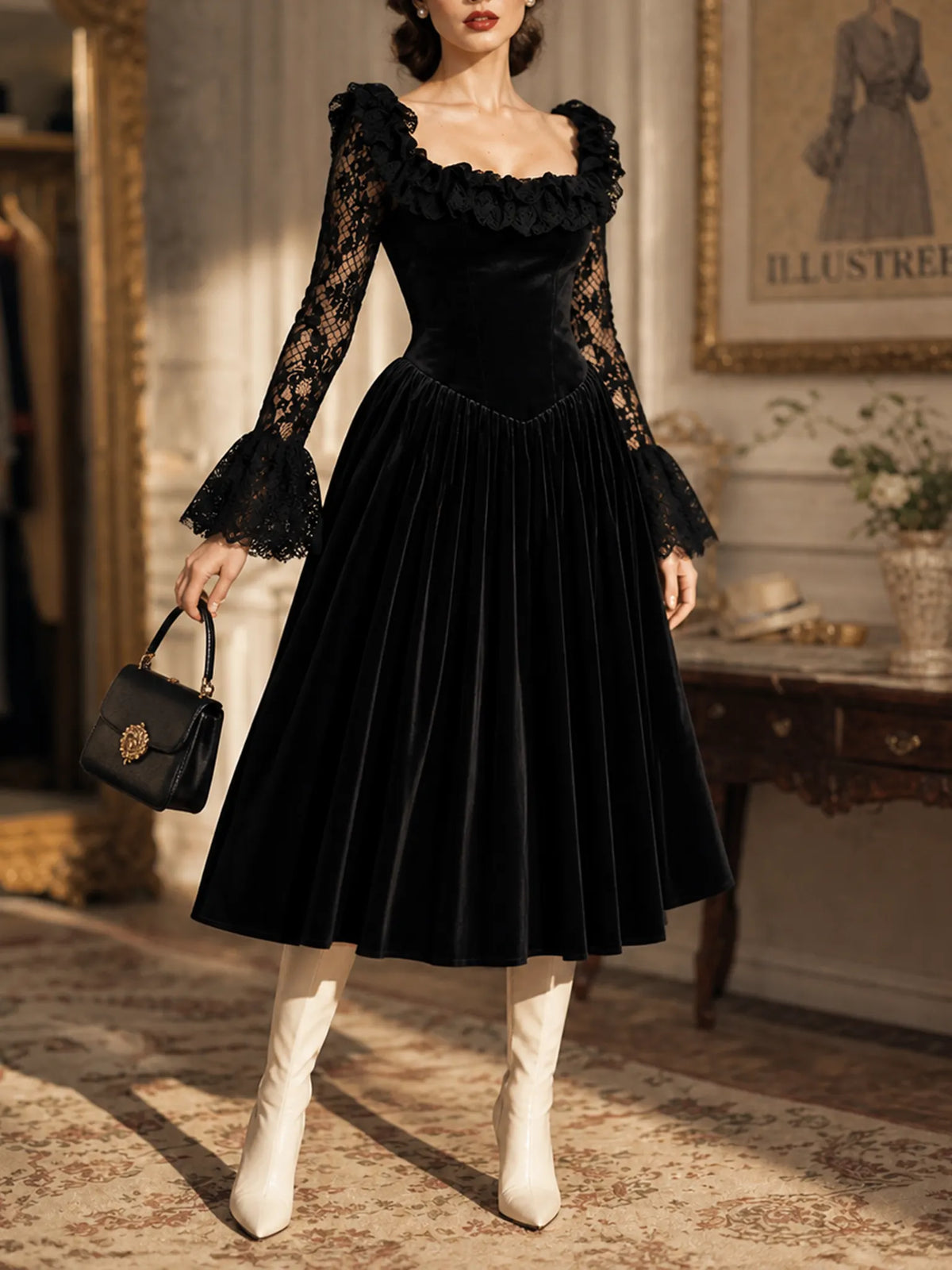 Vintage Black Velvet Lace Long‑Sleeve Ruffled Neck Midi Dress