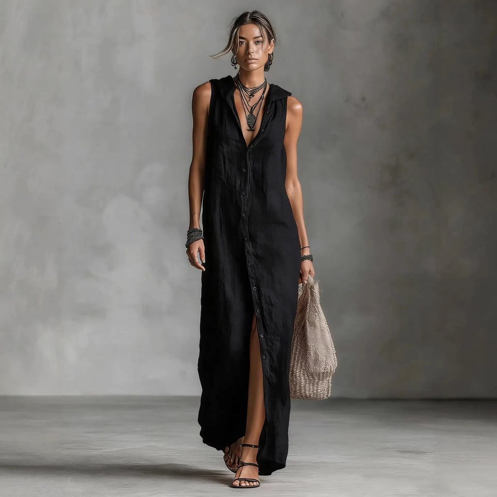 Sleeveless Maxi Dress With Hooded Collar And Front Button Closure