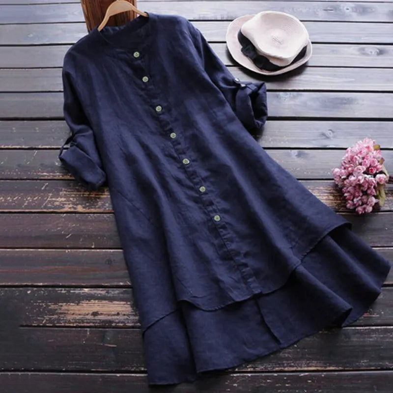 Vintage Button Cotton Linen Midi Dress