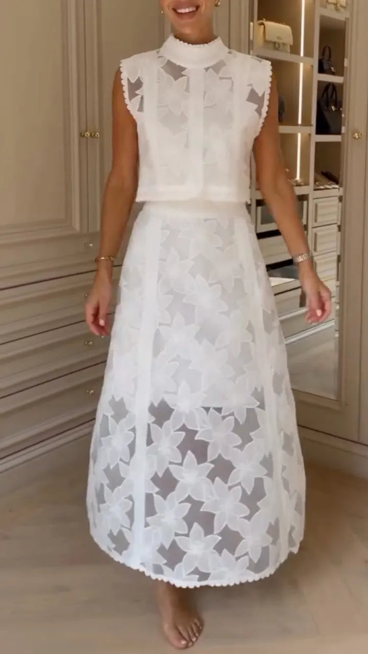 White Floral Lace Two‐Piece Midi Set
