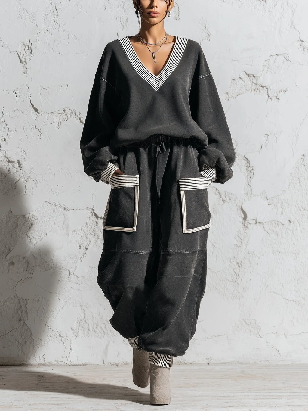 Oversized Contrast Trim V Neck Sweatshirt And Utility Jogger Set