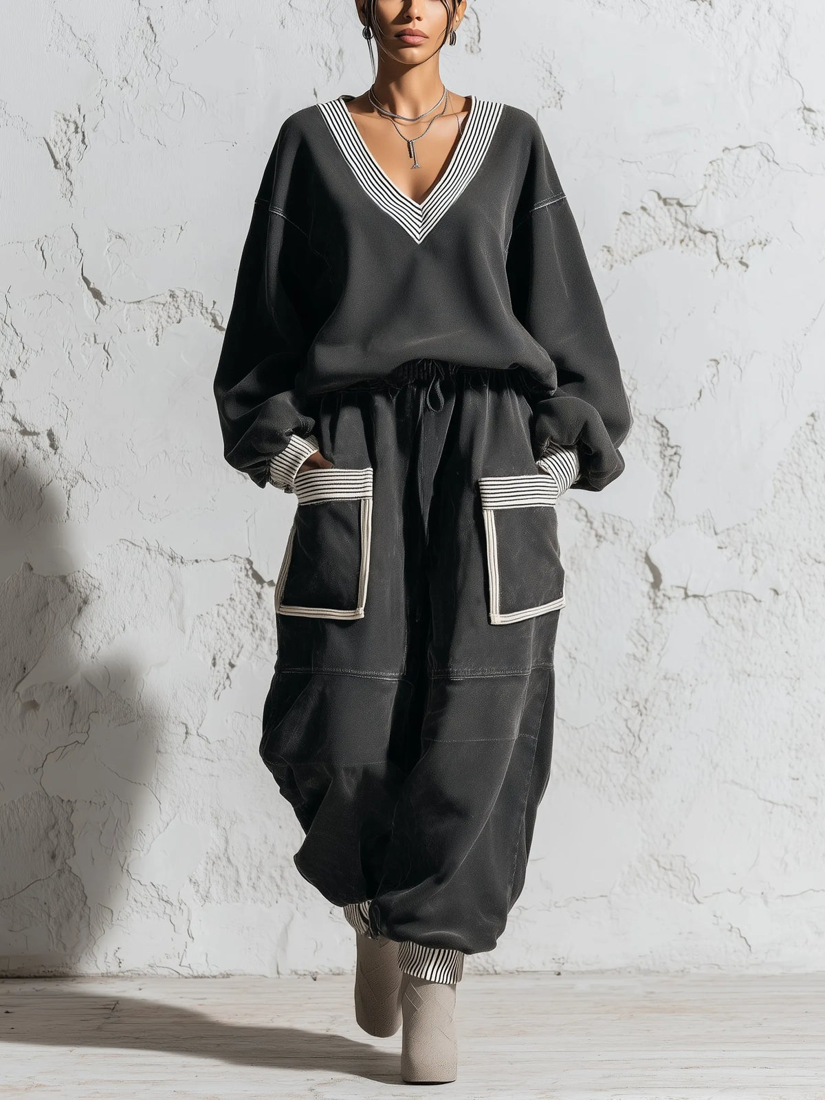 Oversized Contrast Trim V Neck Sweatshirt And Utility Jogger Set
