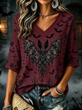 Women's Halloween Gothic Bat Print Short-sleeve Top