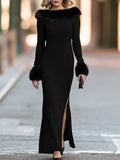 Faux Fur Trim Off-Shoulder High-Slit Maxi Dress