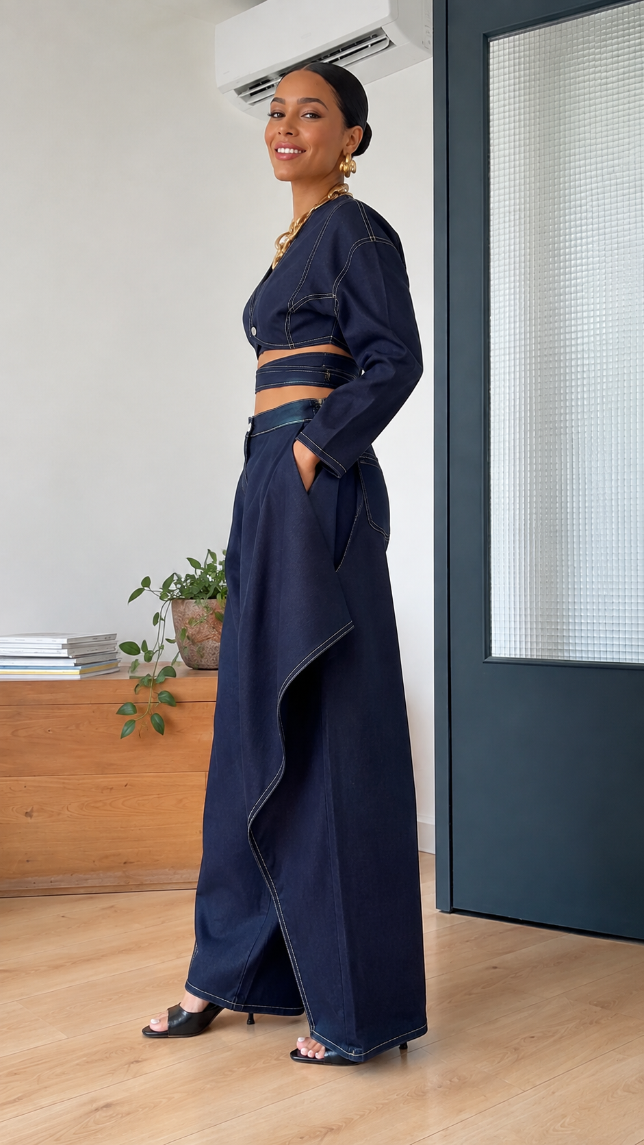 Denim Wrap Crop Top & Origami Wide‐Leg Pant Set