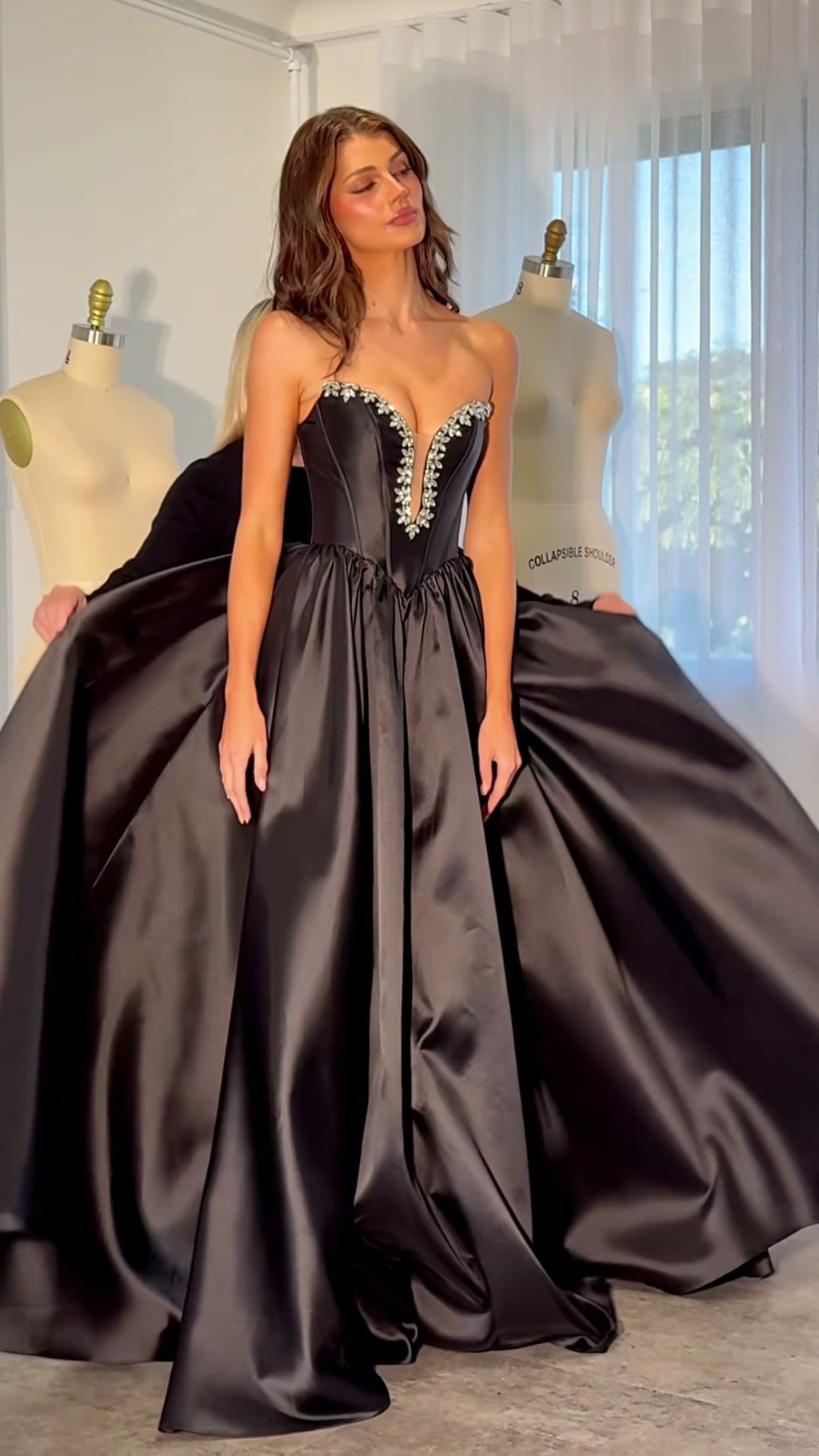 black-satin-ball-gown-strapless-crystal-neckline-prom-dress-with-slit