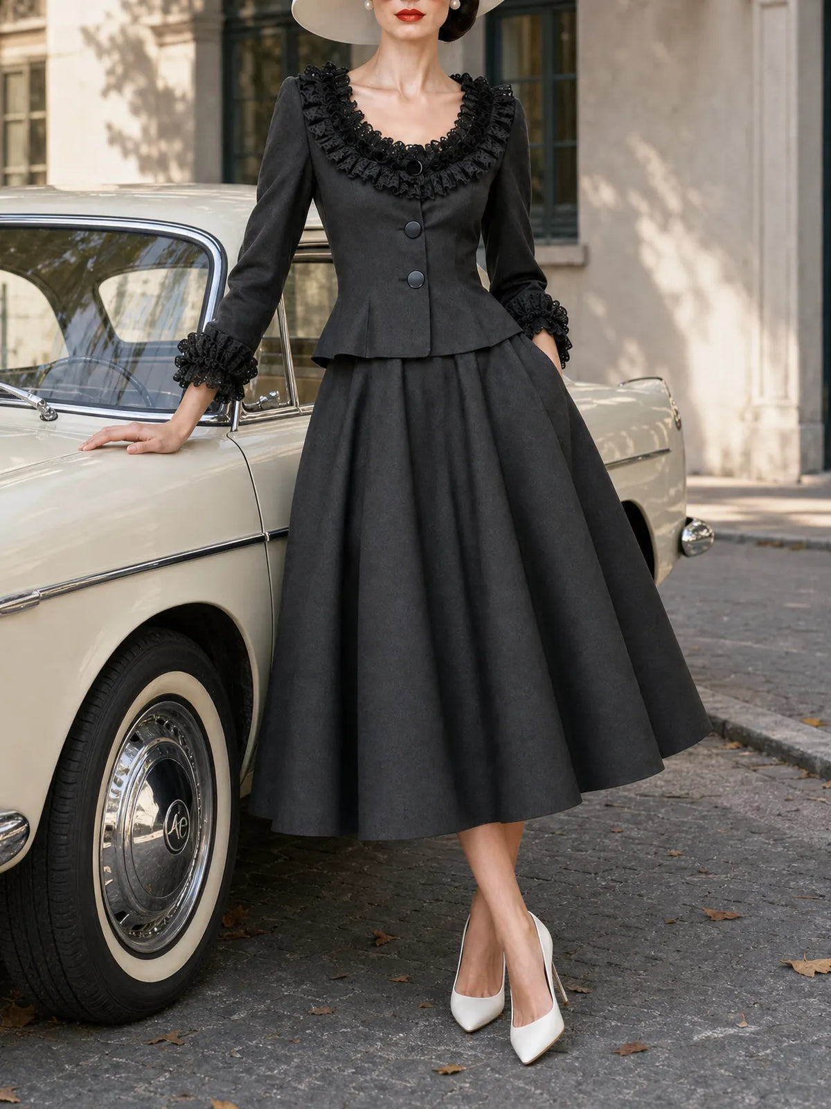 Vintage Low‑Neck Lace‑Trim Skirt Set