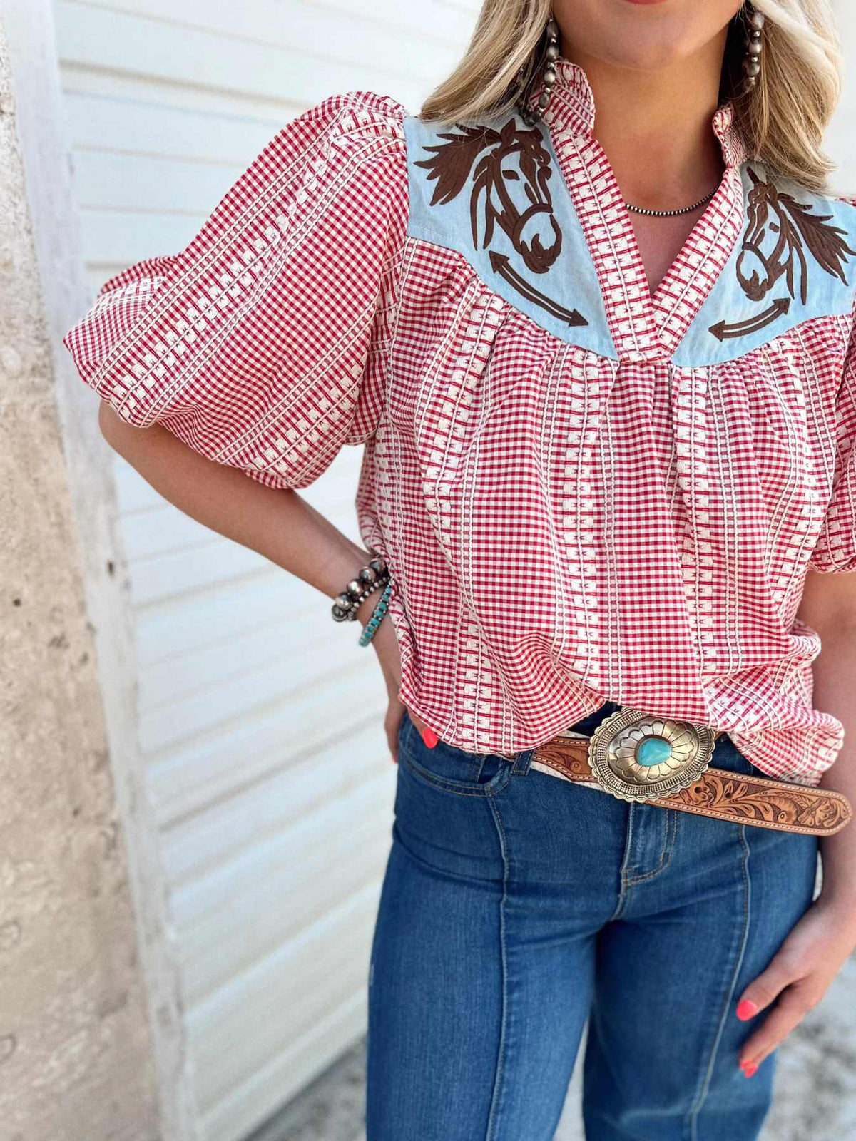 Prairie Horse Gingham Puff Sleeve Blouse