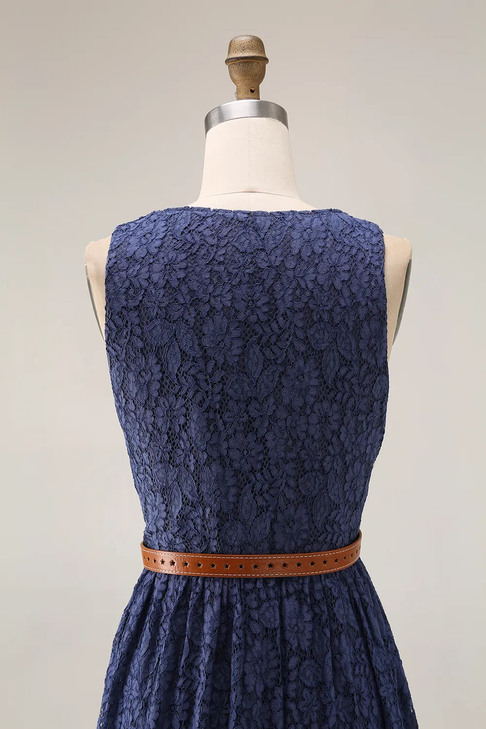 Boho Lace Dress Blue V Neck Sleeveless Belted High Slit Maxi Dress