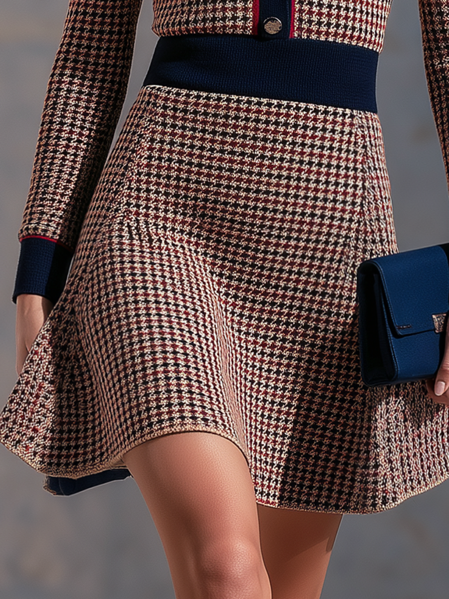 Women's Brown Houndstooth Contrast Navy Band Red-Piped Gold-Button Slim Long Sleeve A-Line Hem Knit Mini Dress