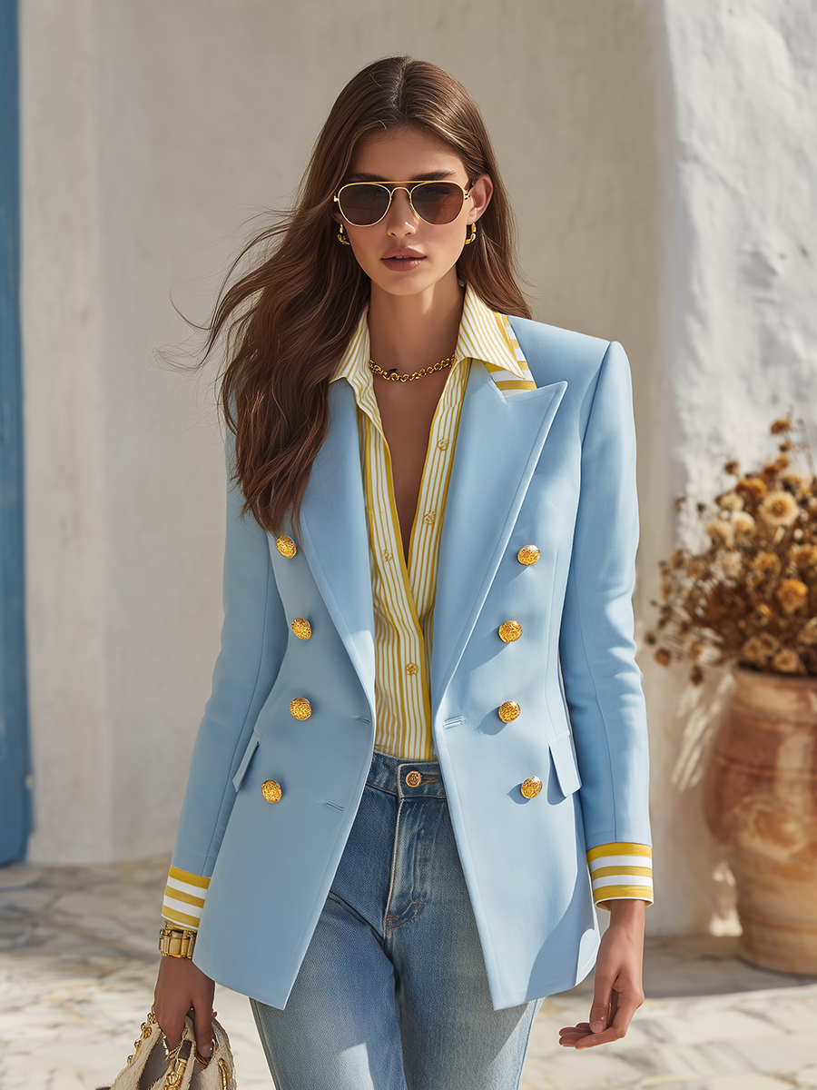 Resort-style Collared Contrasting Stripes Blazer