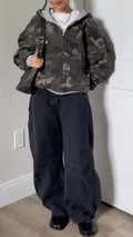 Camo Waffle Knit Zip Up Cropped Hooded Jacket