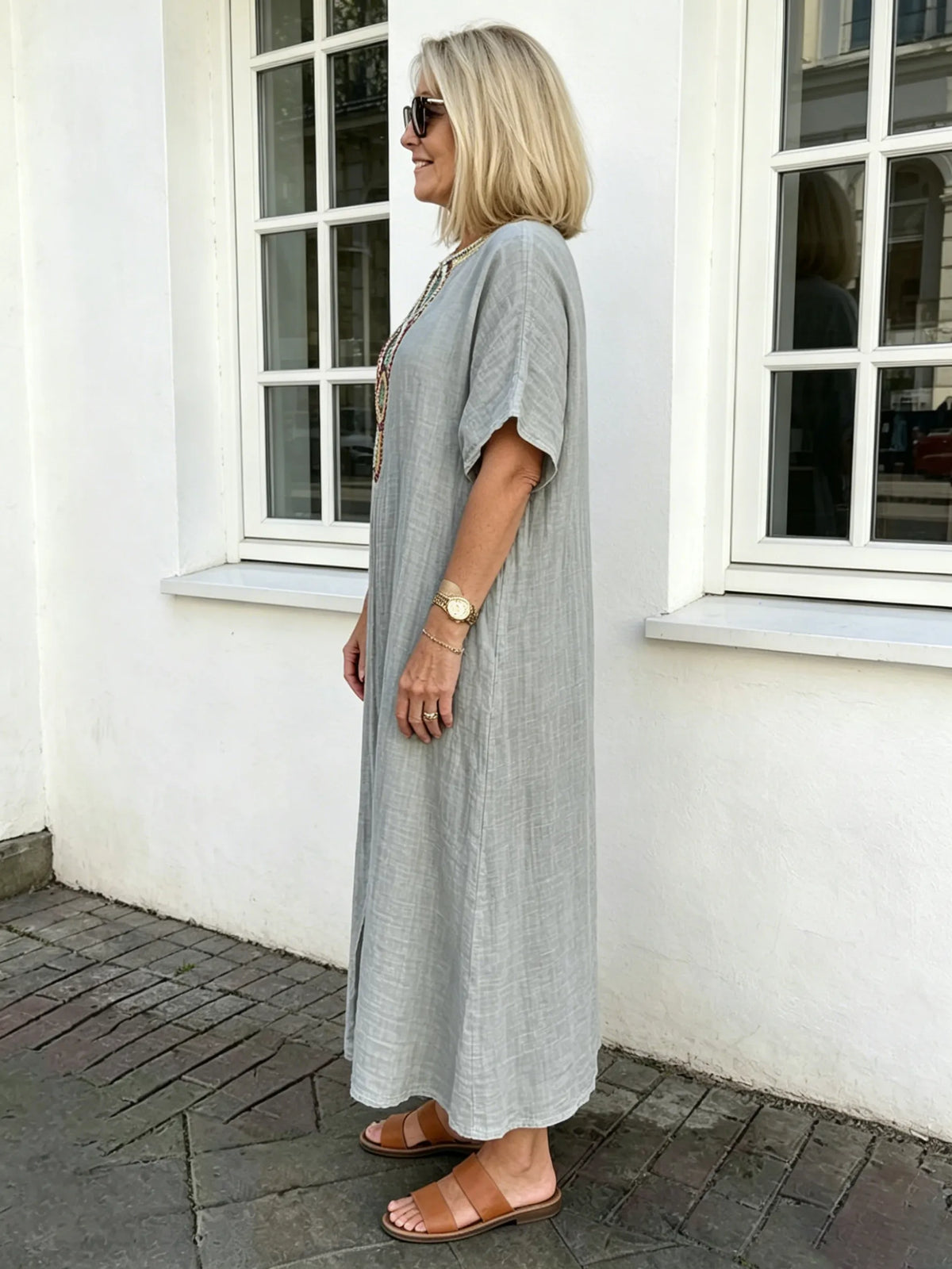 Cotton and Linen Embroidered Split Dress