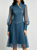 Stylish Stand-collar Organza-paneled Denim Dress