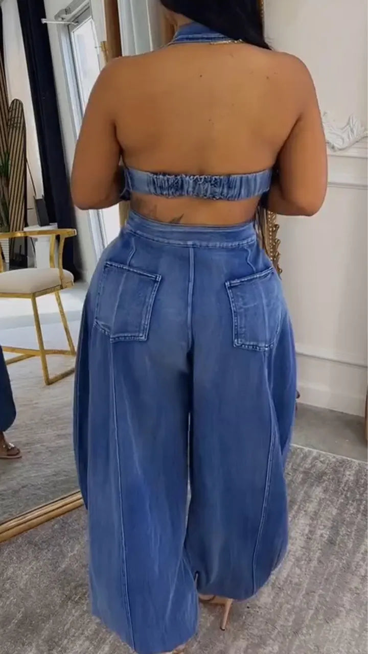Womens Collared Patchwork Casual Denim Jumpsuit