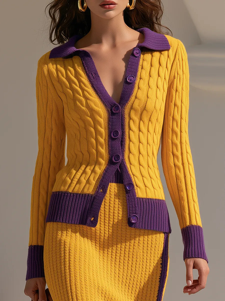 Retro-style Cable-knit Color-block Sweater And Skirt Set