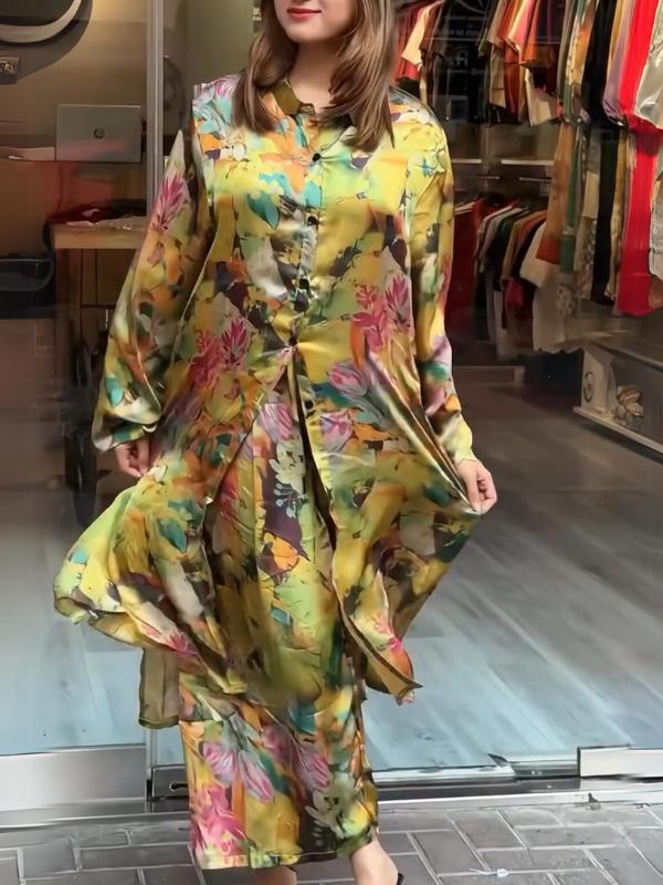 Women's lapel button-down printed shirt long coat and pants set
