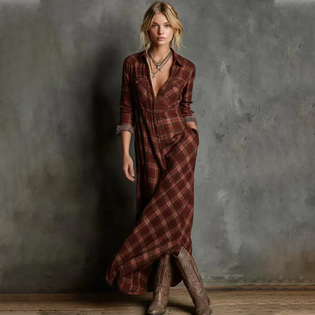 Plaid Button-Down Maxi Dress With Western Boots Style