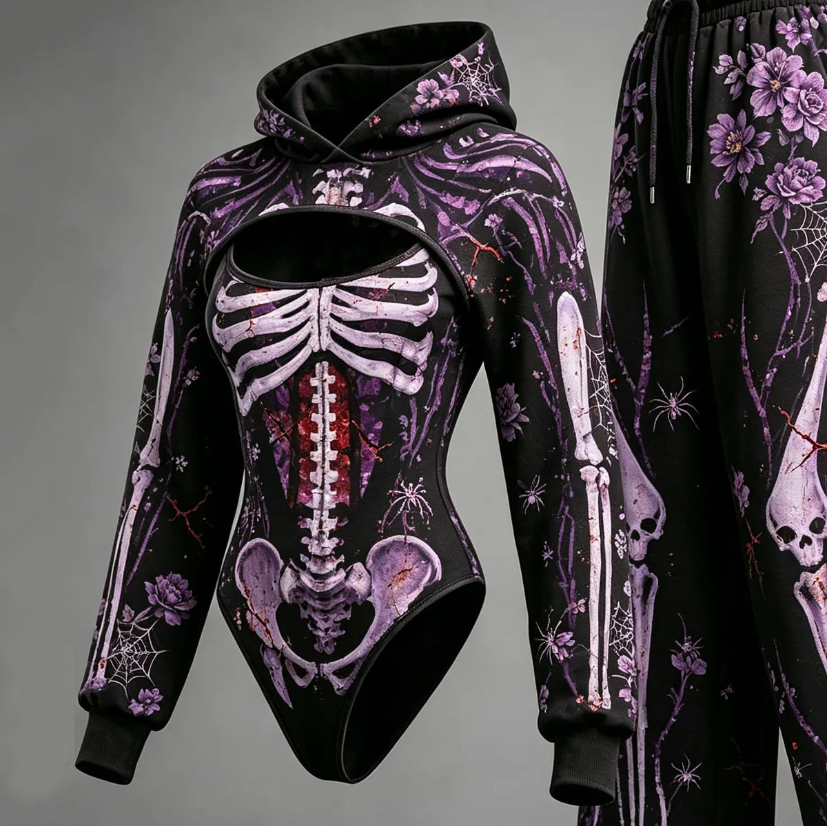 Women's Halloween Skeleton Spider Web Rose Print Hooded Three-piece Set