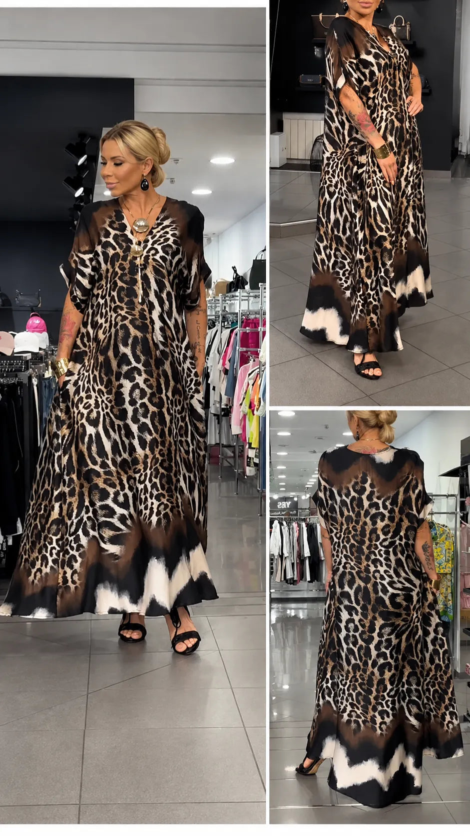 Leopard Print V‐Neck Chiffon Kaftan Dress